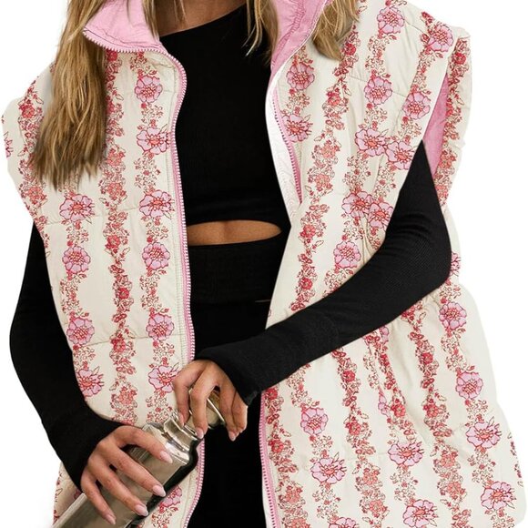 Womens Floral Oversized Puffer Vest Cap Sleeve Winter Warm Puffy Quilted Jackets - Picture 1 of 5